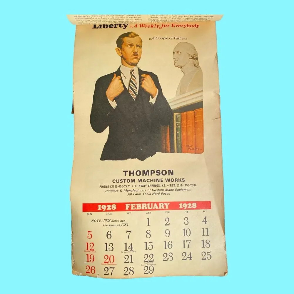 1928 Liberty Calendar Thompson Custom Machine Works 1982 Same Dates As 1928